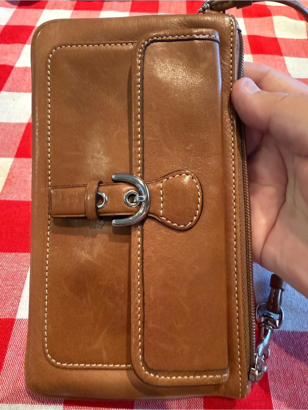 Coach Tan Leather Wristlet Clutch with Buckle Detail